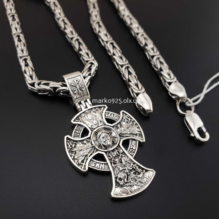 Товста чоловіча срібна цепочка лисячий хвіст і освячений кулон хрестик
