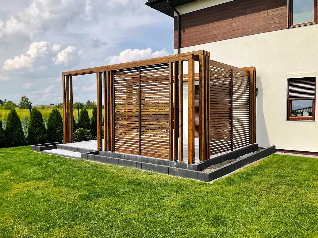 pergola z drewna klejonego BSH, zadaszenie tarasu, poliwęglan