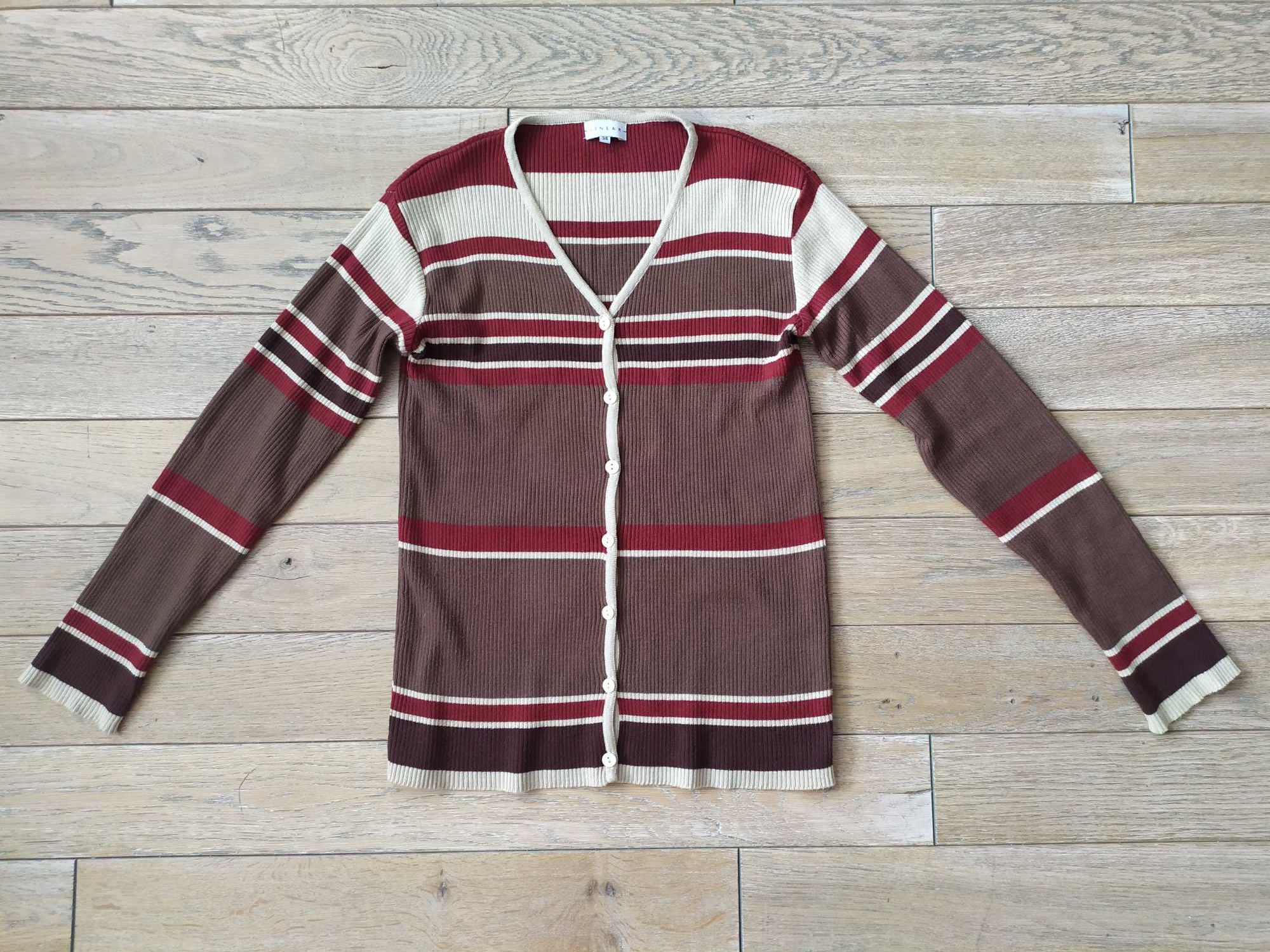 Kolorowy sweter w serek paski na guziki Linear