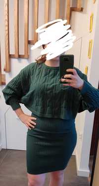 Komplet kpl sukienka sweterek butelkowa zieleń