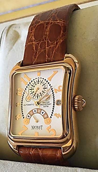 Relógio Nicolet automático multifunções em plaque ouro rosa novo