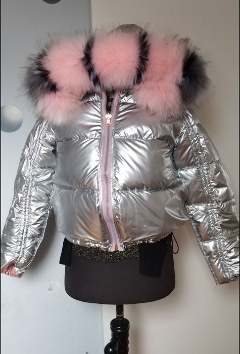 Kurtka dwustronna lakierowanea młodzieżowa srebrna różowa z kapturem
