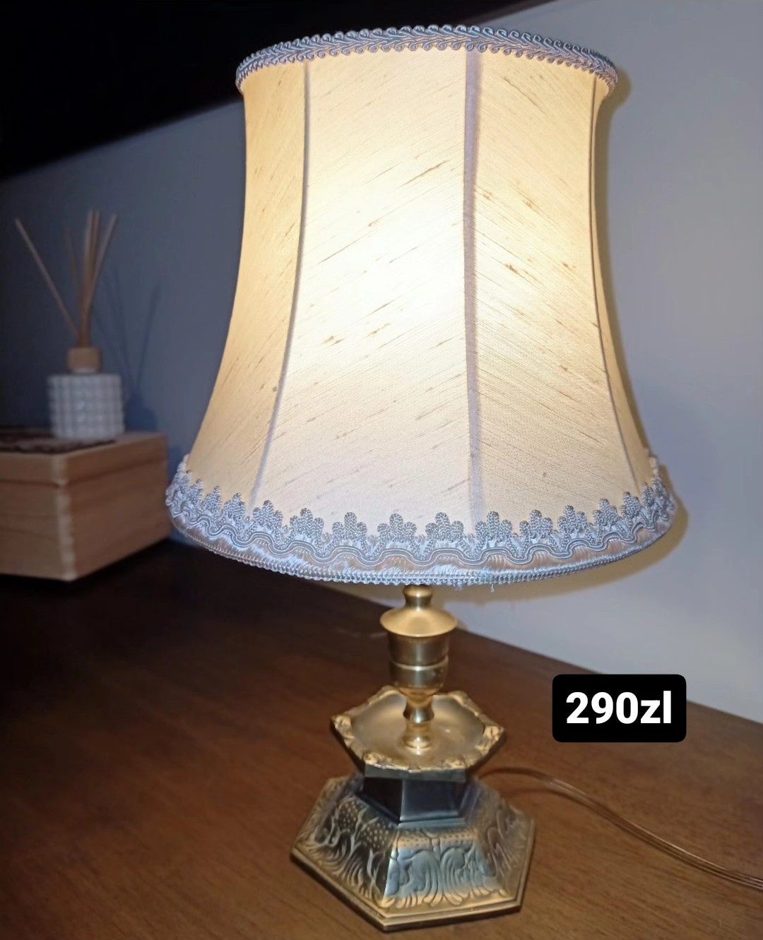 Lampka nocna stołowa abażur vintage retro prl mosiężna mosiądz