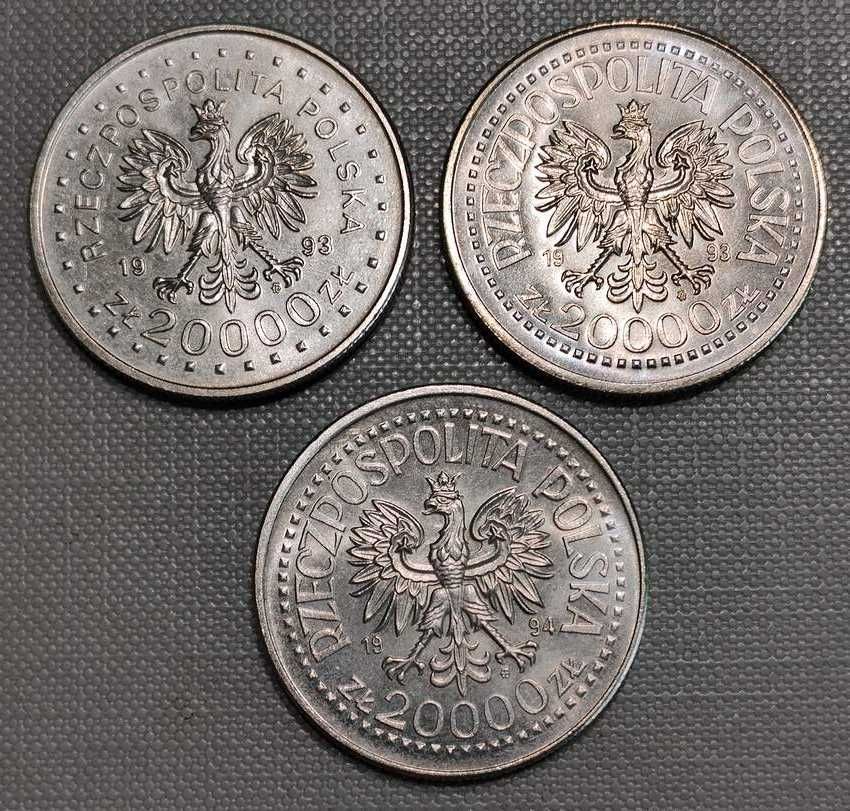 20000 zł Zygmunt I Stary 1994, Jagiellończyk 1993, Lillehammer 1993 r.