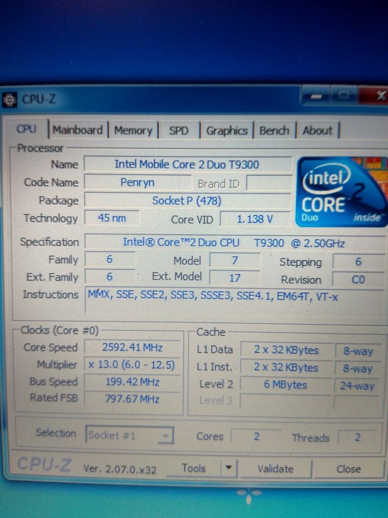 Процессор Intel® Core™2 Duo T9300, 6 МБ кэш, 2,50 ГГц, 800 МГц. Т9500.