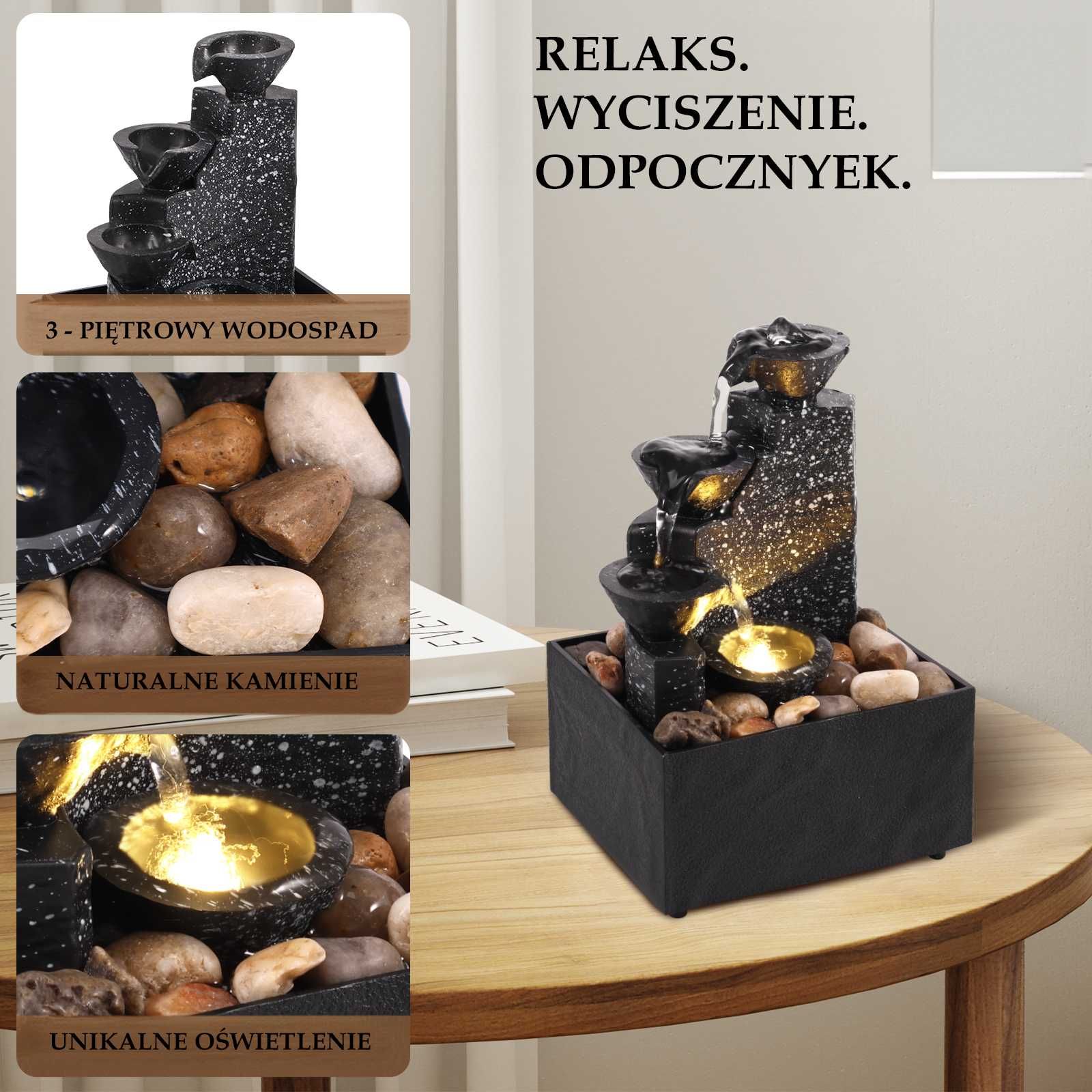 RELAKSUJĄCY Wodospad Fontanna DOMOWA 3 Piętrowa Podświetlana LED