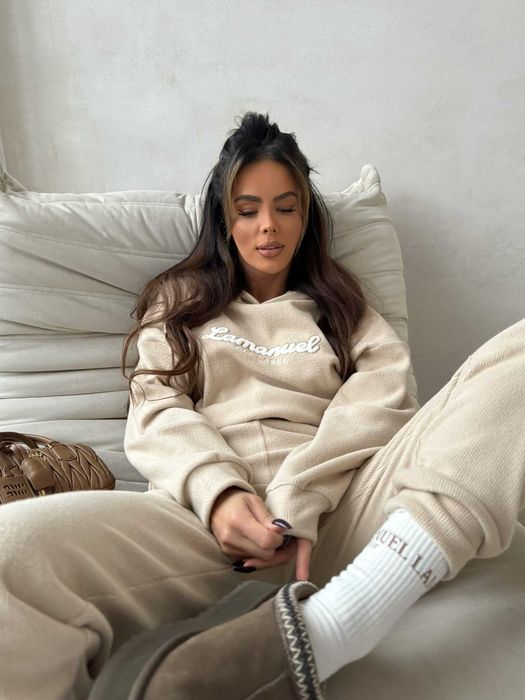 Komplet beż fine line La Manuel z kapturem, dres miś M/L