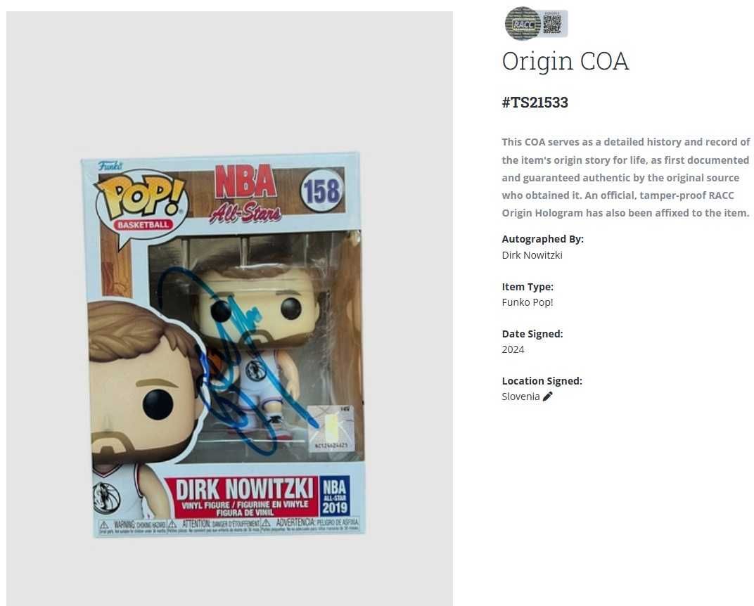 Dirk Nowitzki Funko Pop NBA Dallas Mavericks z autografem + certyfikat