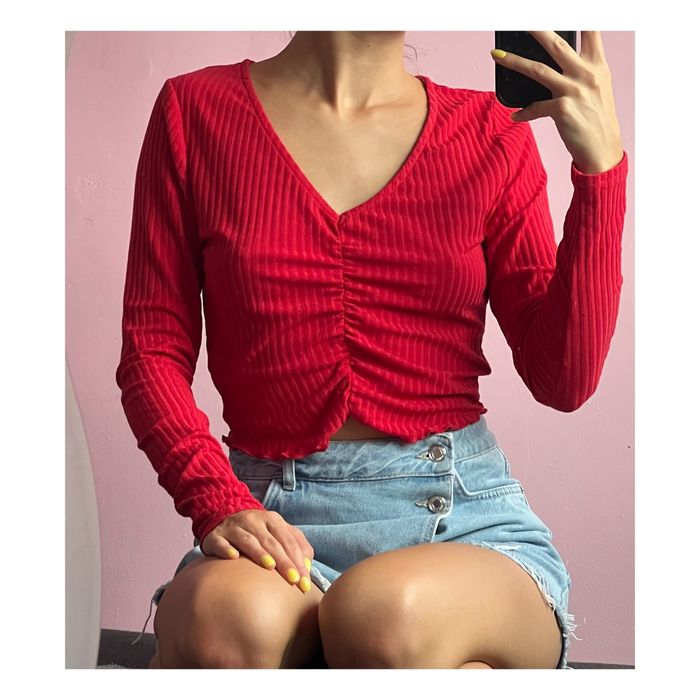 New look marszczony Crop top bluzka krótka prążki dekolt l 40 m 38