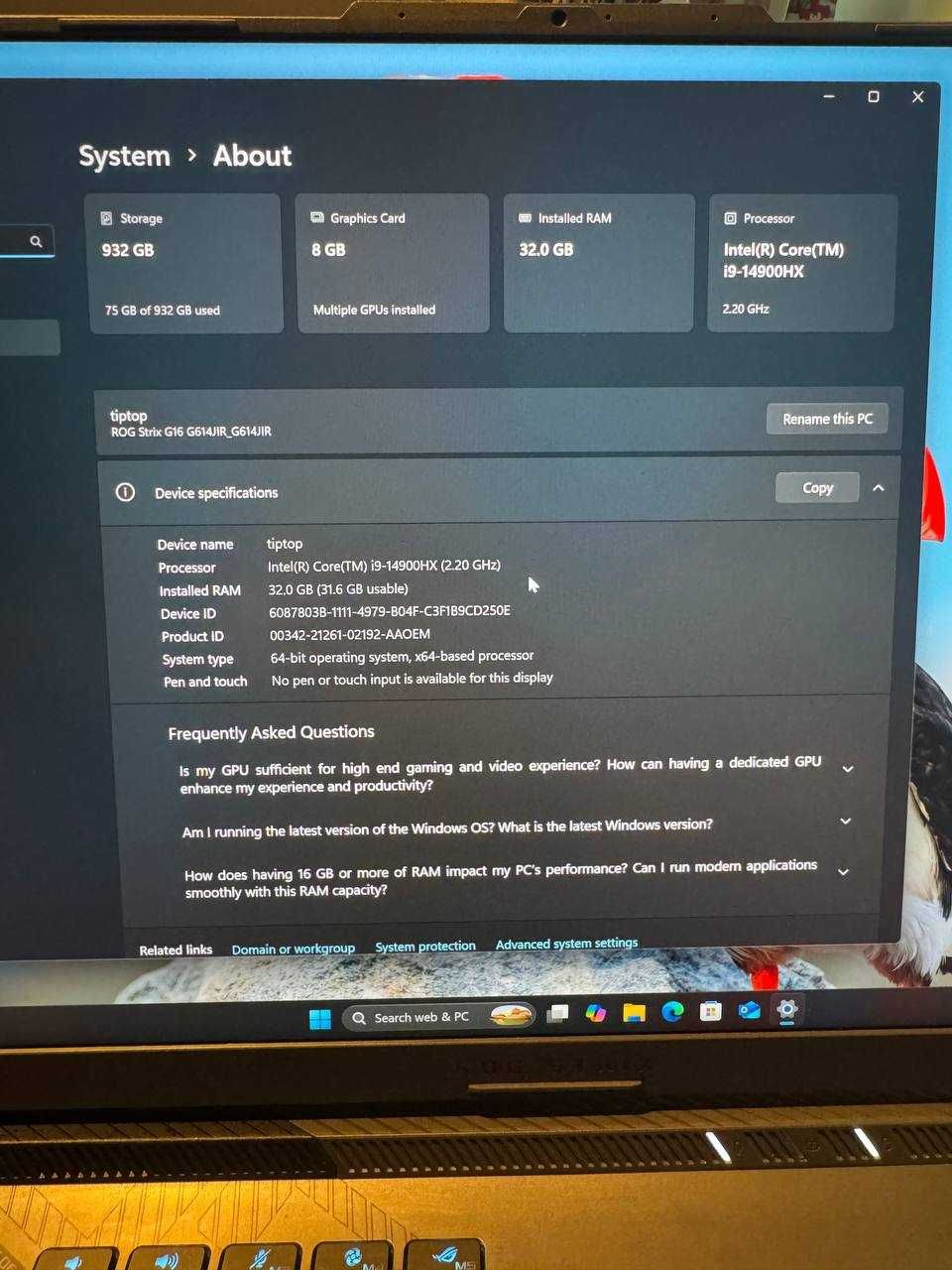 Asus Strix G614 i9-14900hx rtx 4070 32ram ddr5 1tb ssd 2k ips