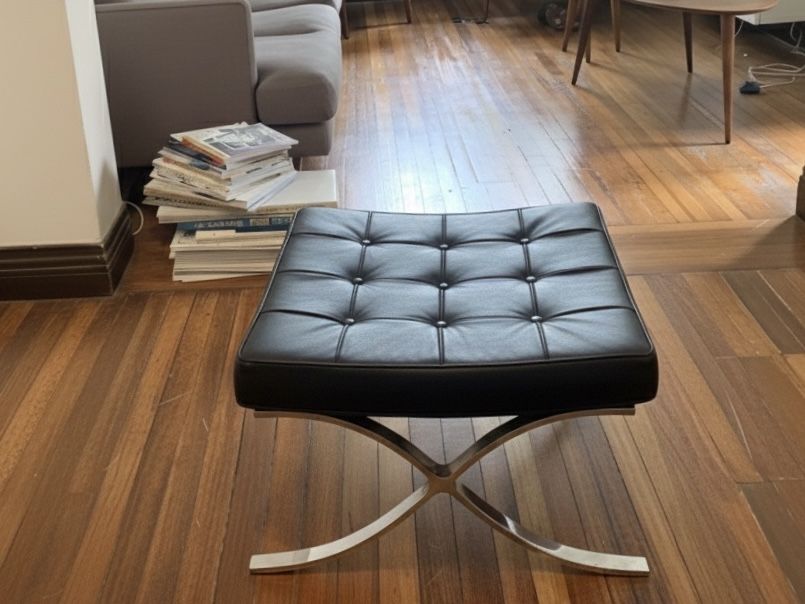 Modern Black Leather Ottoman  — Chrome Base