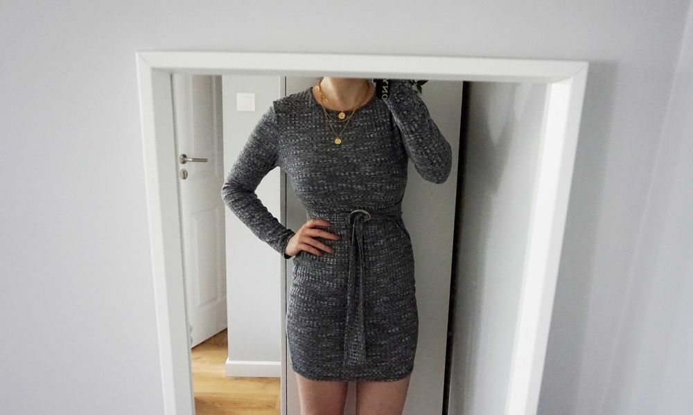 S 36 szary długi sweter sukienka sweterkowa dzianinowa w prążki prążek