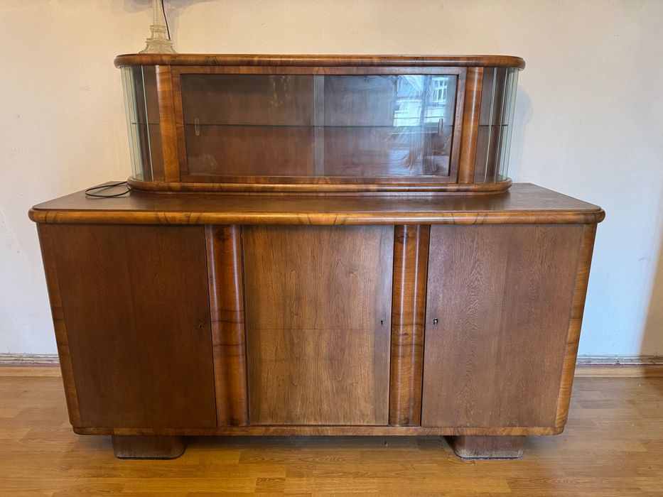 Kredens komoda PRL z nadstawką art deco na szkło