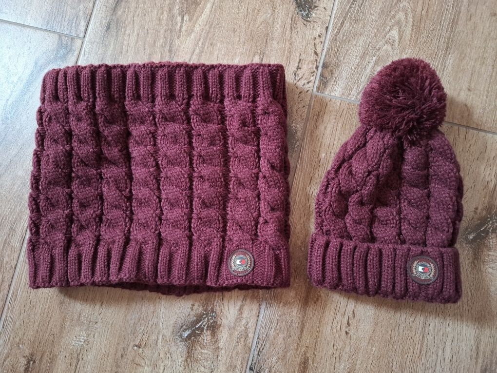 Czapka z pomponem + komin damski bordo bordowy Tommy Hilfiger