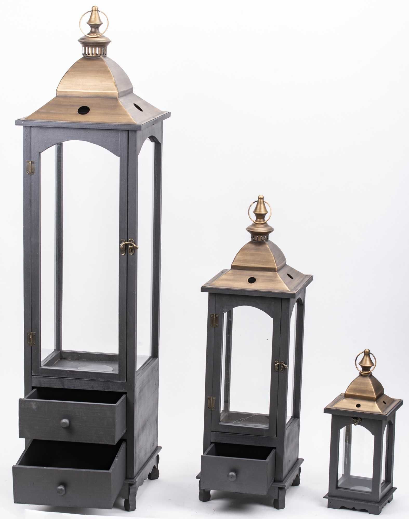 3 x Latarnia Czarny Złoty Wysoki Duży Drewniany Lampion Komplet 140173