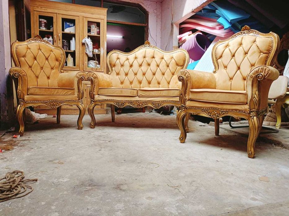 Nowy komplet wypoczynek kanapa z fotelami włoski styl drewno tekowe