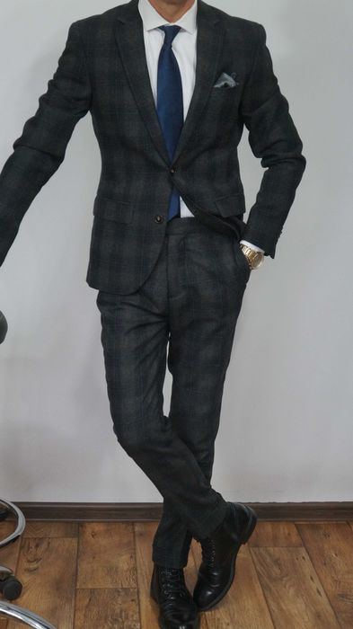 Garnitur H&M Wełna Rozmiar 46 170/92/80 Slim Fit Kolor Szary Krata