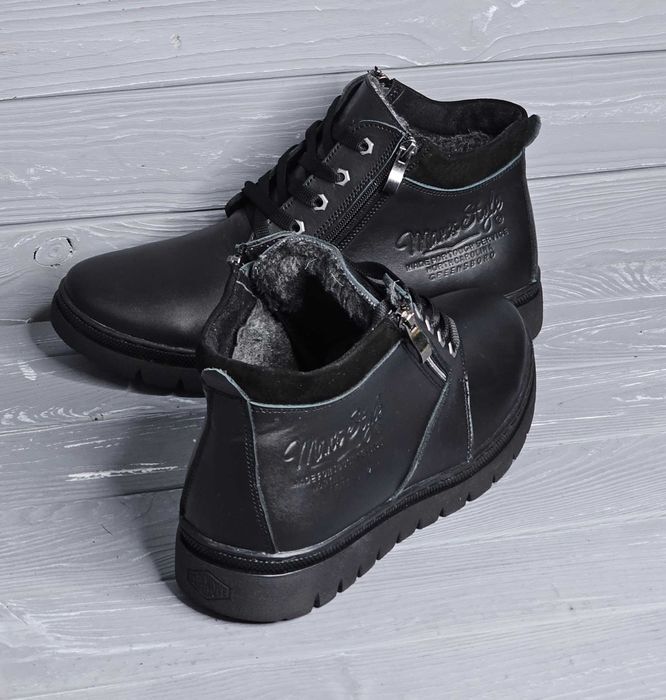 Кожаные зимние мужские черные прошитые ботинки на меху Шнурок 2 змейки
