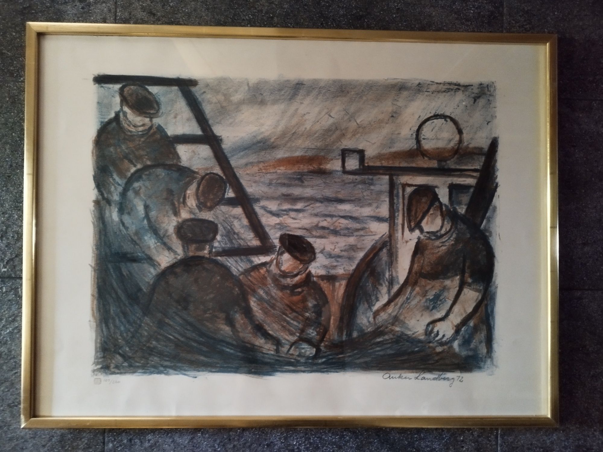 Litografia, obraz, rama Rybacy - Anker Landberg 1972
