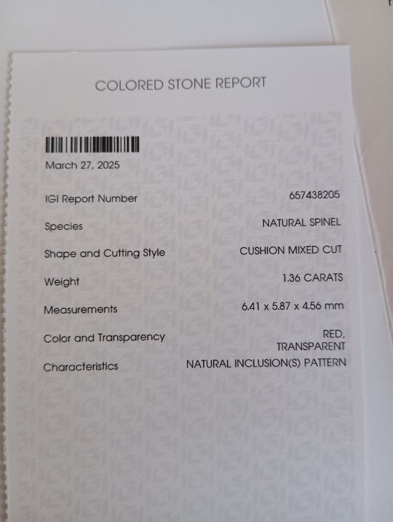Espinélio natural vermelho 1.39cts certificação gemológico IGI