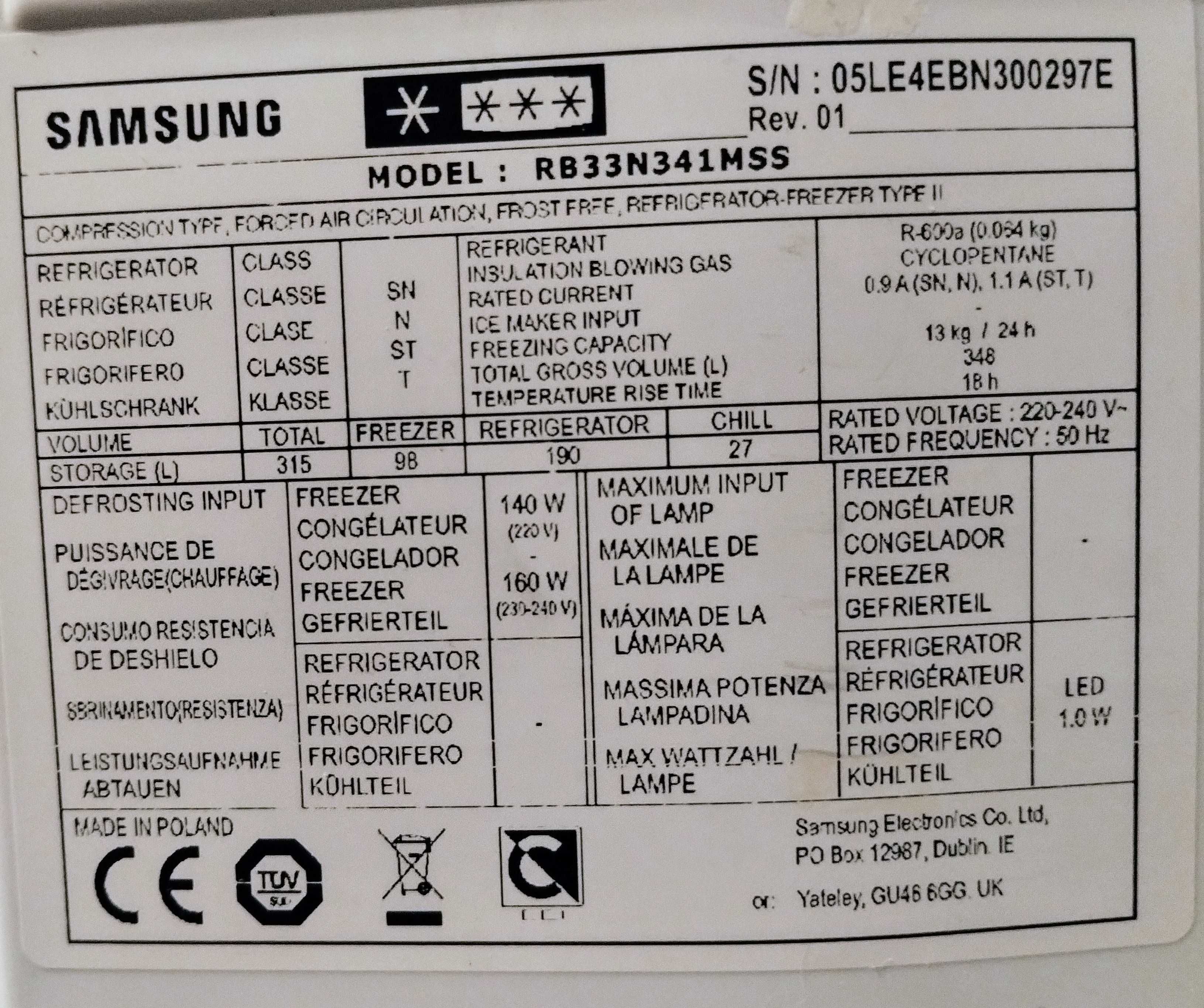 Lodówka/zamrażarka SAMSUNG RB33N341MSS, technologia No frost, 315 l