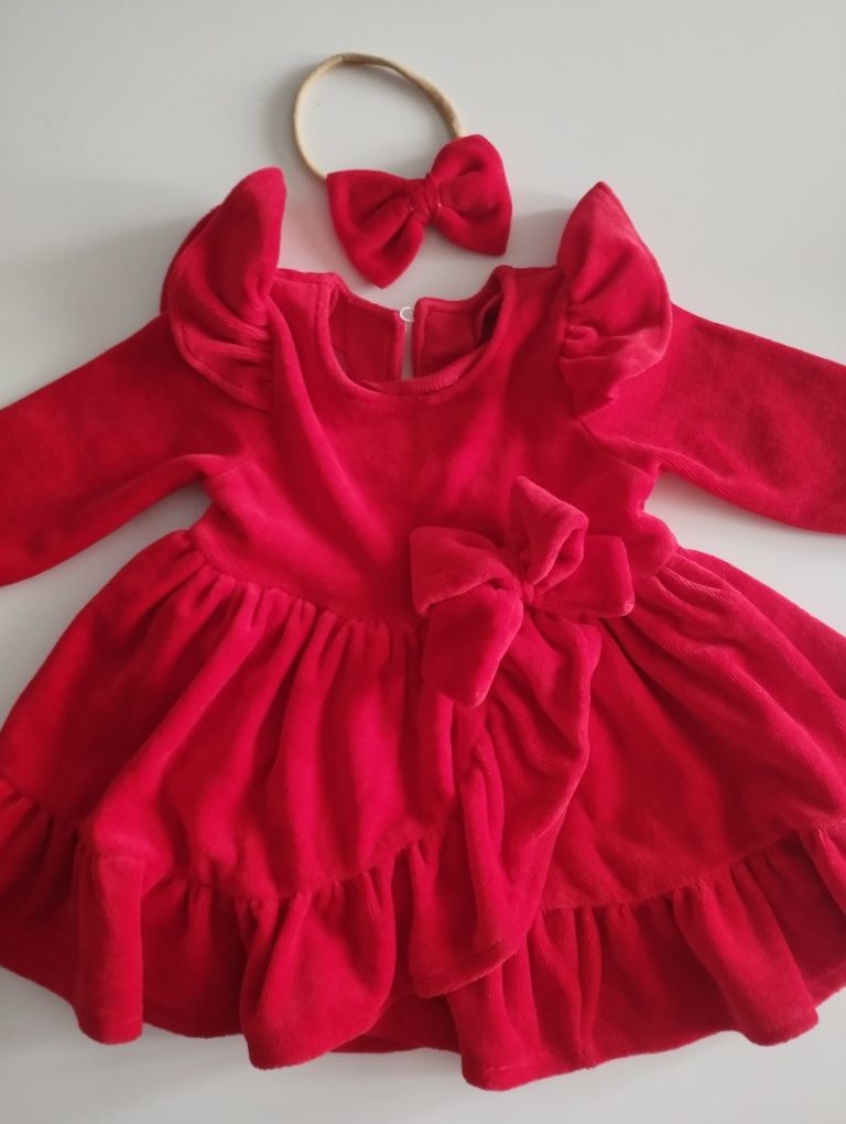 Sukieneczka niemowlęca, czerwona welur, opaska kokardka