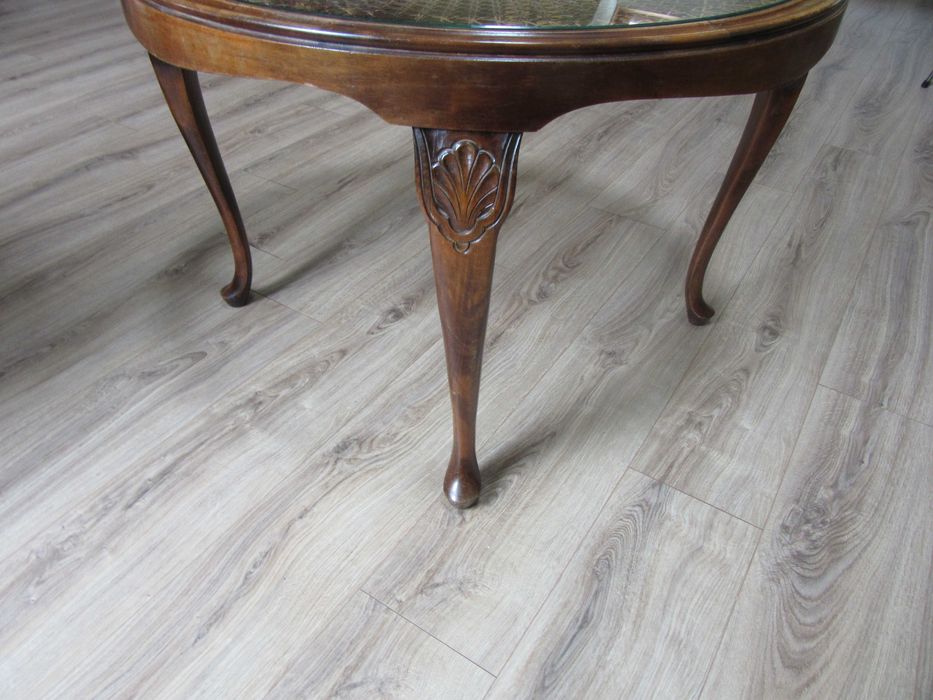 stolik kawowy vintage stylowy okragly drewno, rattan,szklo   86cm-60cm