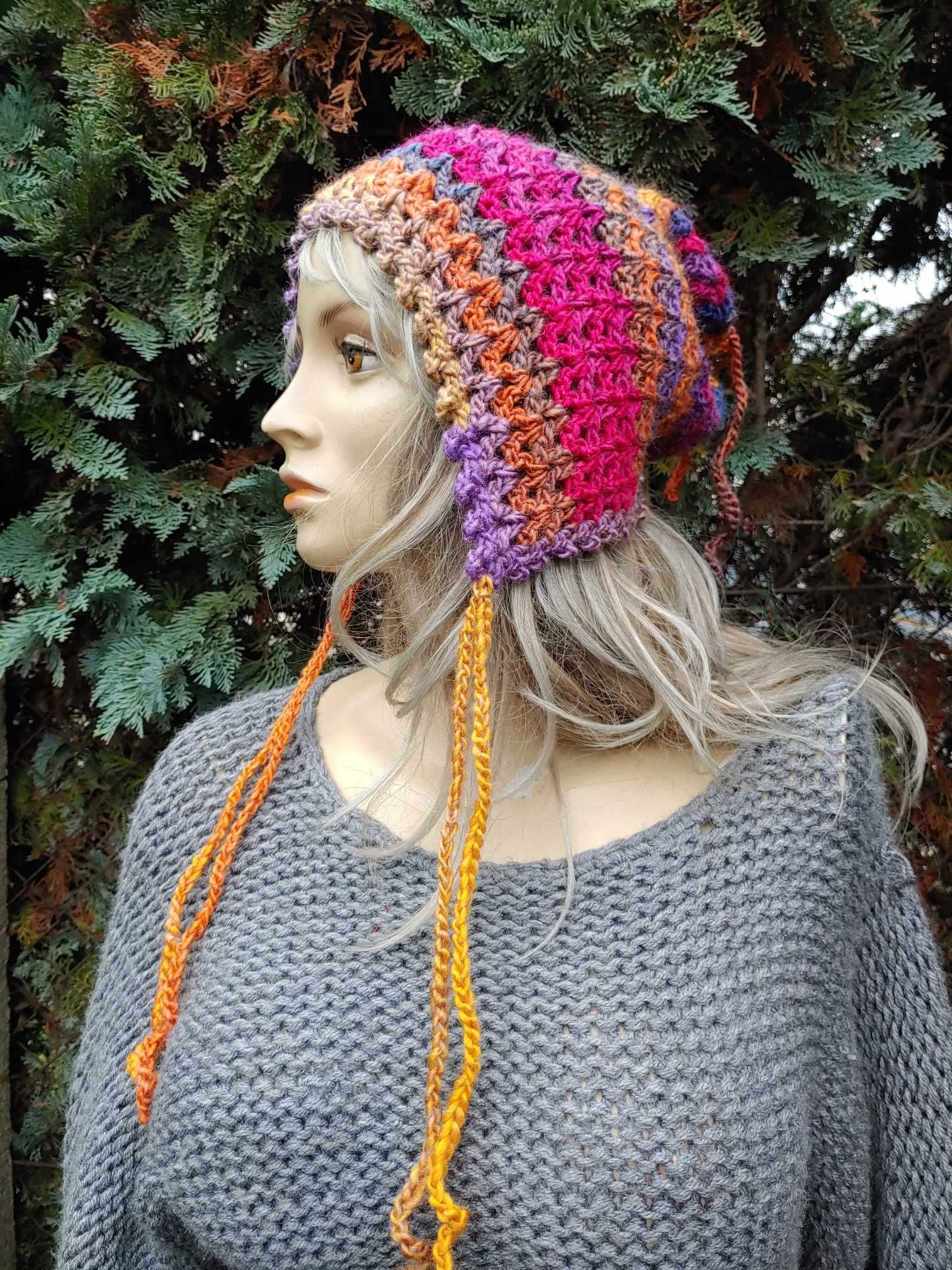 Szydełkowa czapka i mitenki, wełniana czapka slouchy bonnet