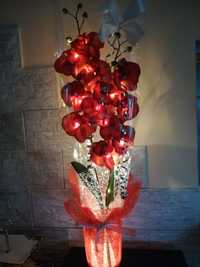 Piękny czerwony kwiatek na Dzień Babci świecący lampka prezent  dekora