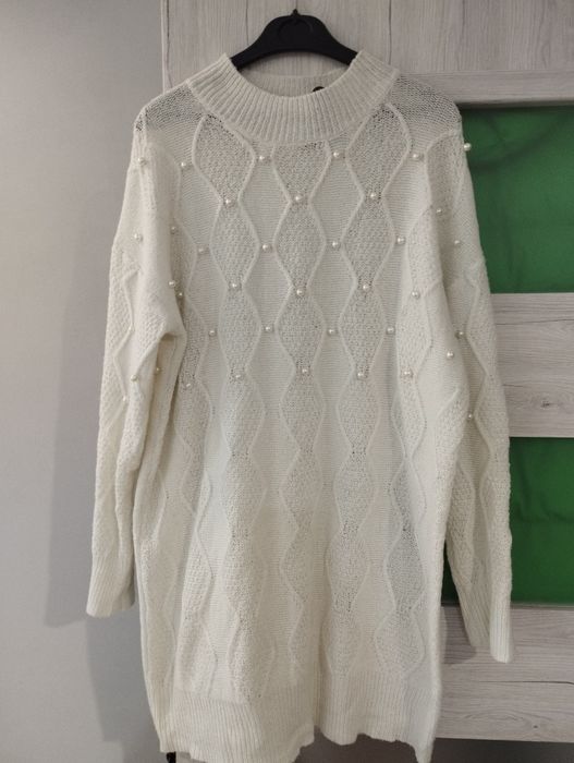 Biała tunika sukienka sweterkowa perełki 3XL