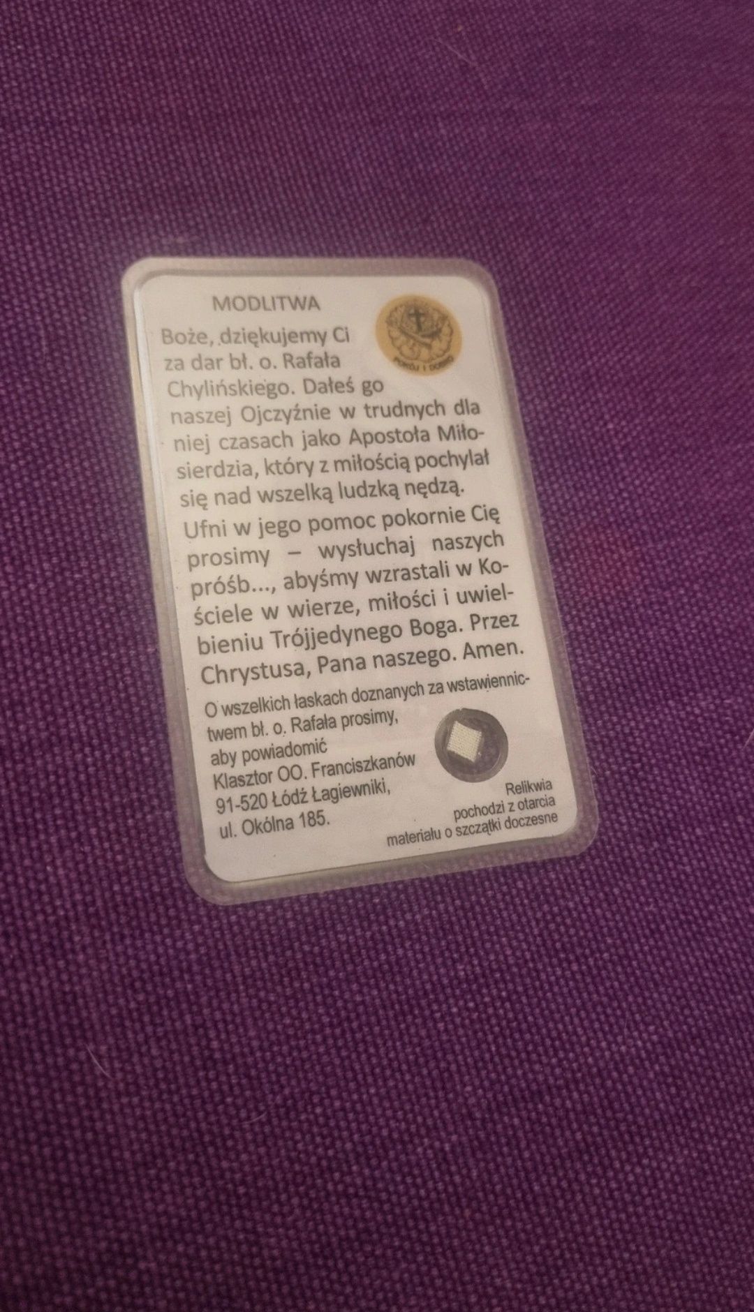 Obrazek relikwia Bł .l .Rafał Chyliński.