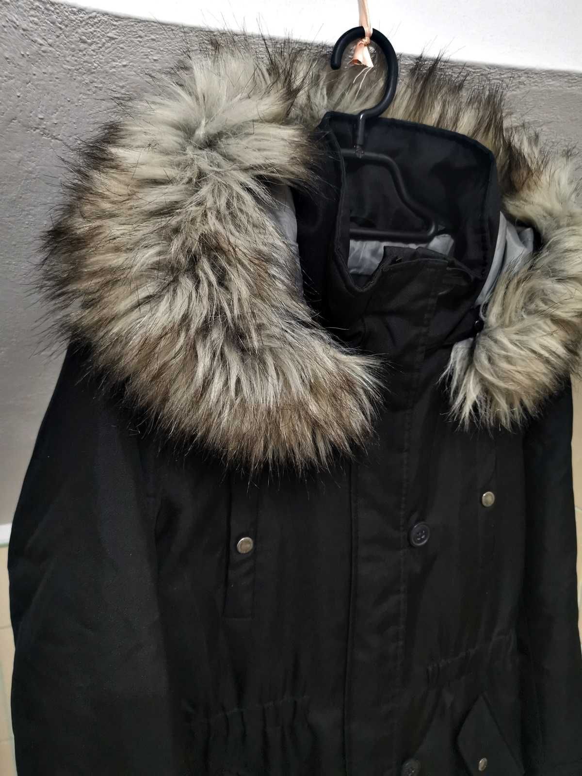 Kurtka parka ONLY 38 M czarna futerko midi bez wad bdb