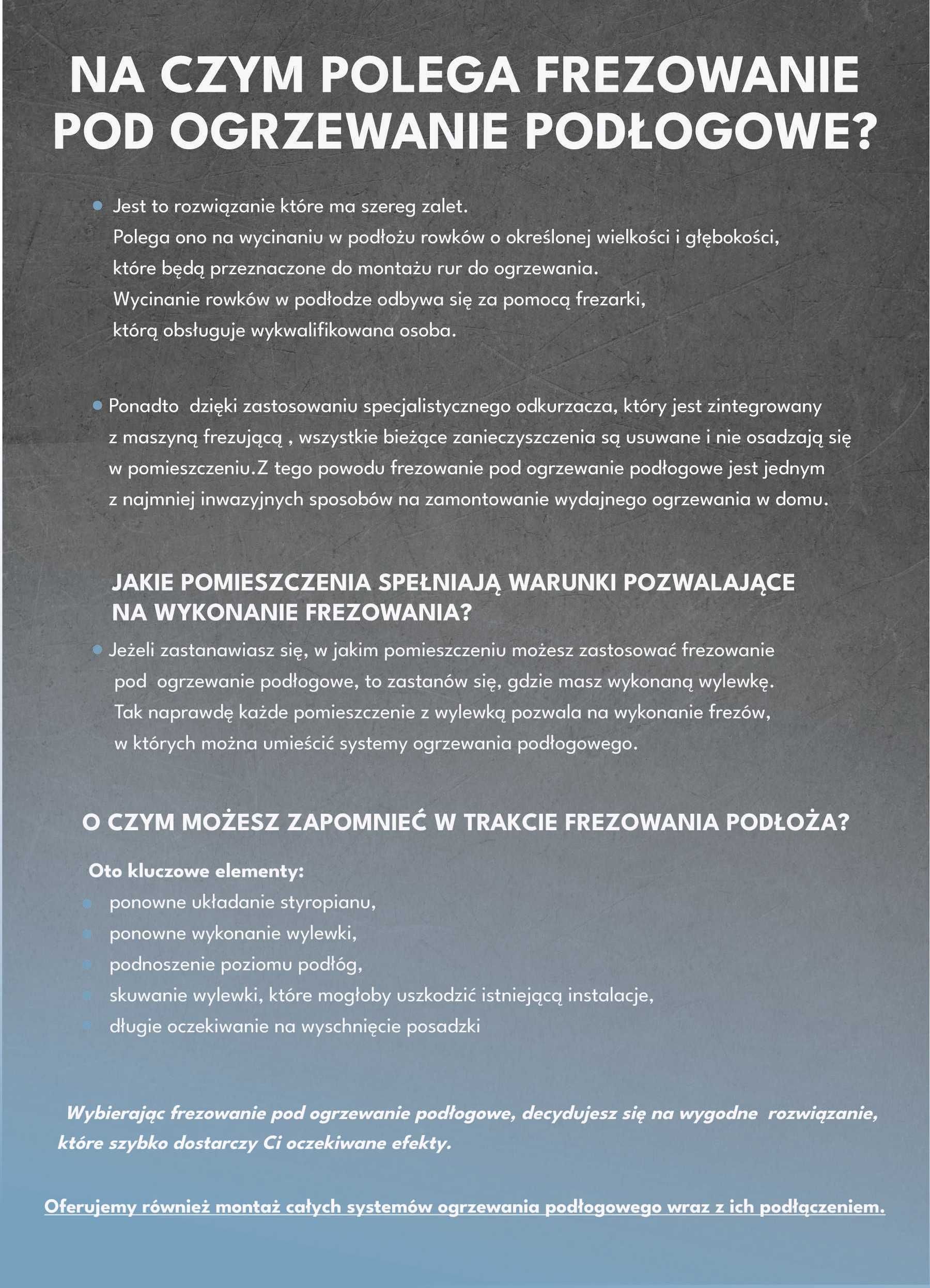 Frezowanie posadzki pod ogrzewanie podłogowe + montaż ogrzewania