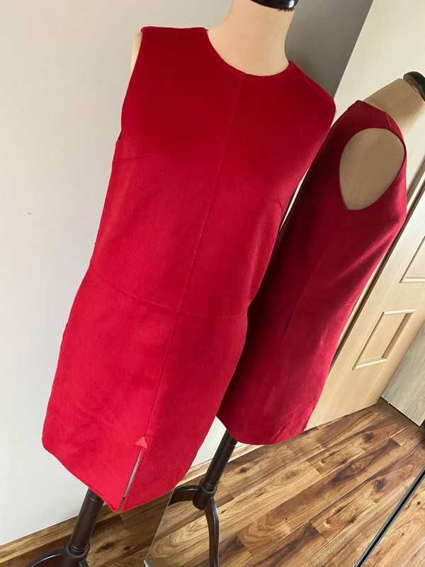 Cacharel sukienka czerwona midi  kaszmir wełna jedwab 40 42 trapezowa
