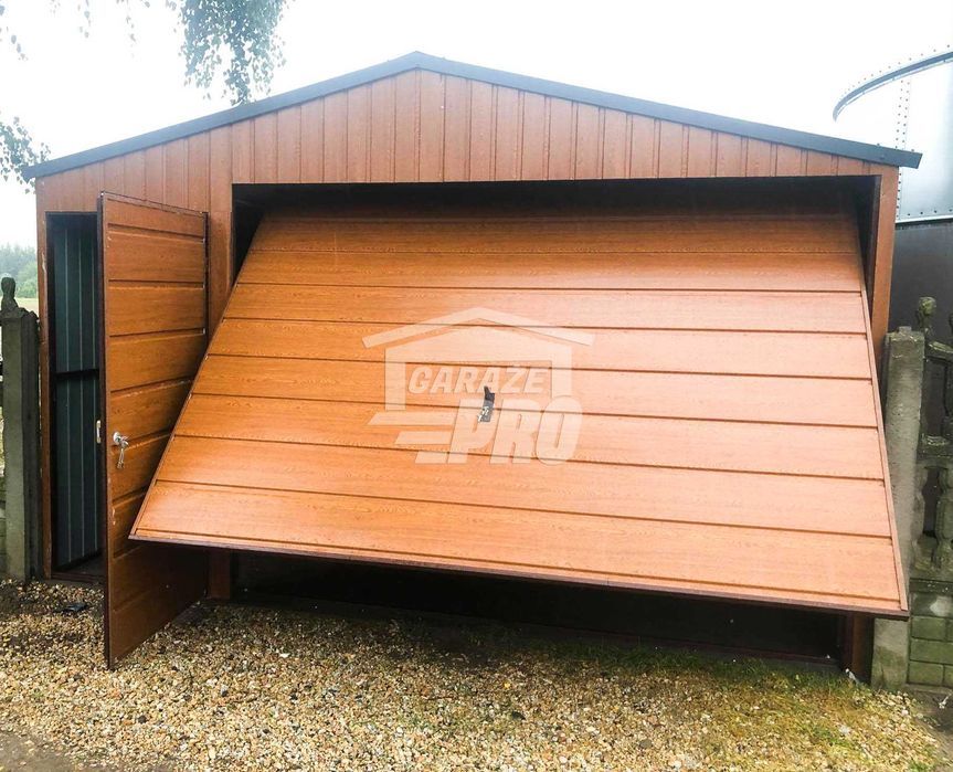 Garaż blaszany 4x6 Brama + drzwi drewnopodobny Dach dwuspadowy GP95