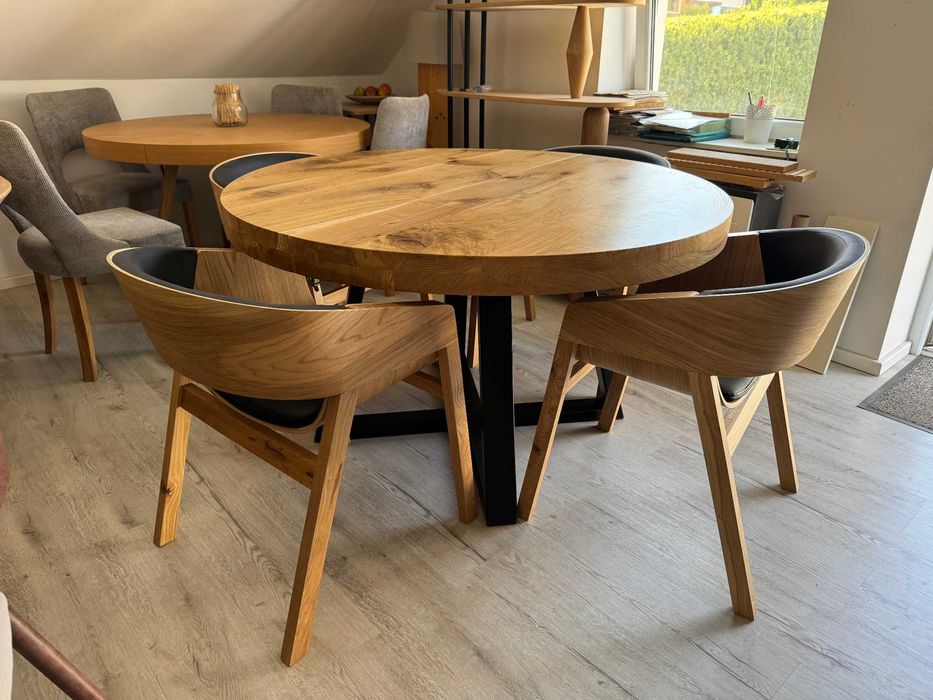 Stół loft drewniany,okrągły,rozkładany Fi 130+50 plus 4 krzesła