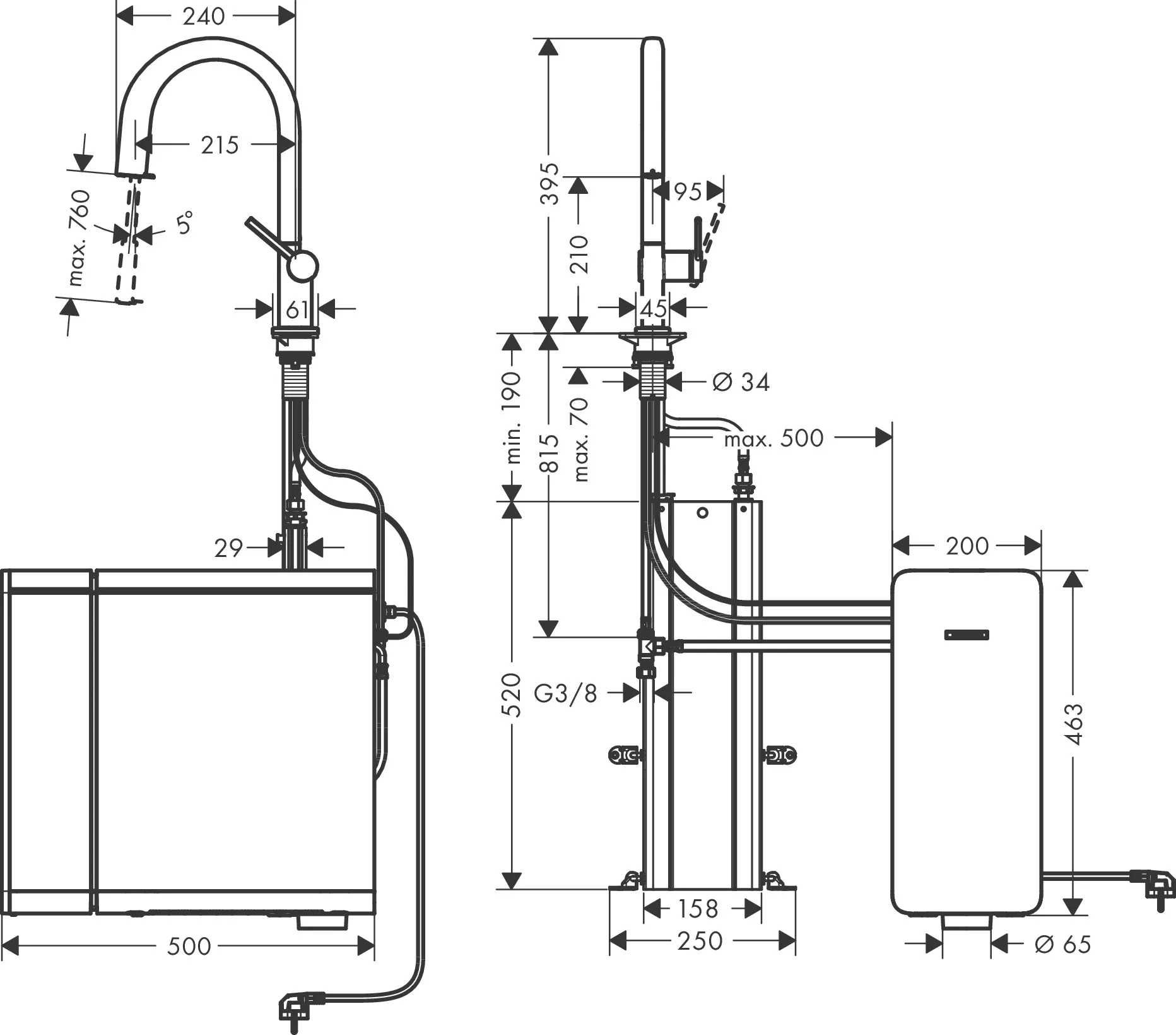 Bateria kuchenna Aqittura M91 SodaSystem 210, HANSGROHE