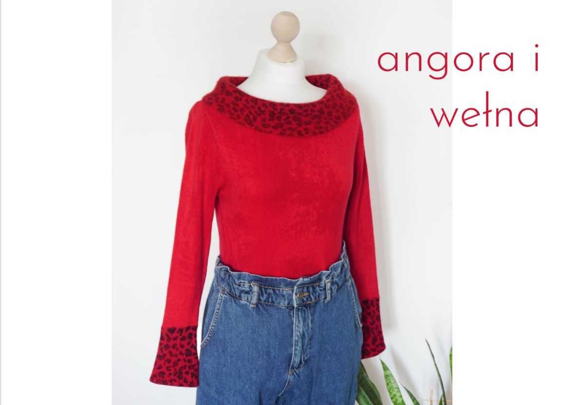 Oryginalny sweter z angorą i wełną czerwony cętki wełna S M na wiosnę