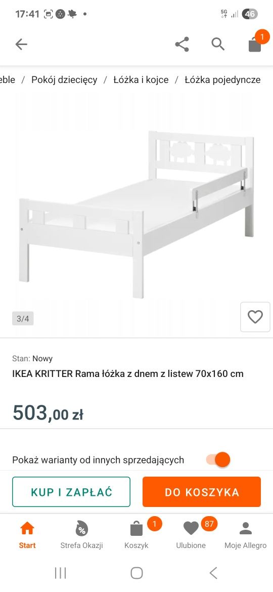 IKEA KRITTER Rama łóżka z dnem z listew 70x160 cm