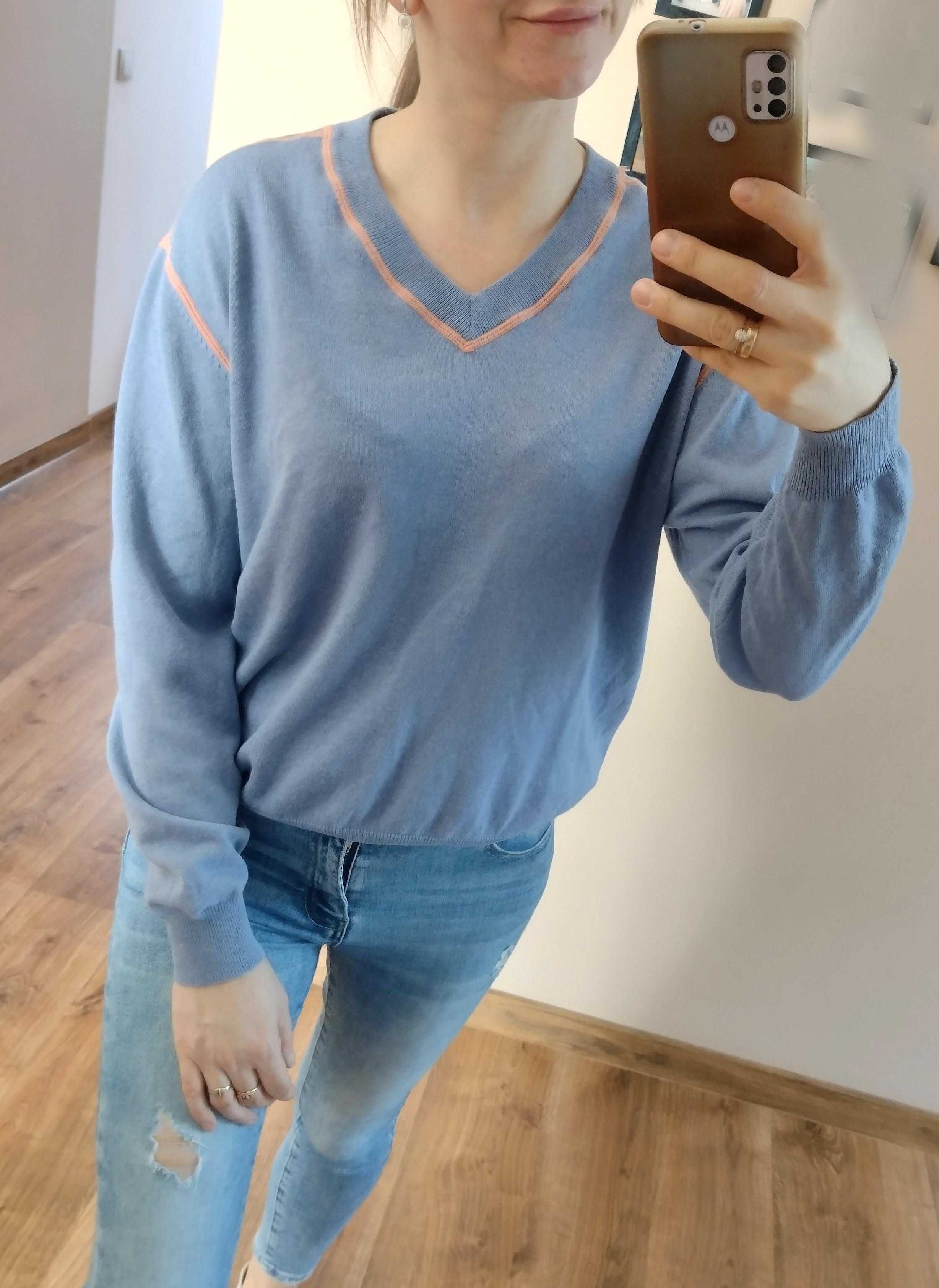 Sweter w serek bawełna kaszmirM męski damski unisex długi rękaw błekit