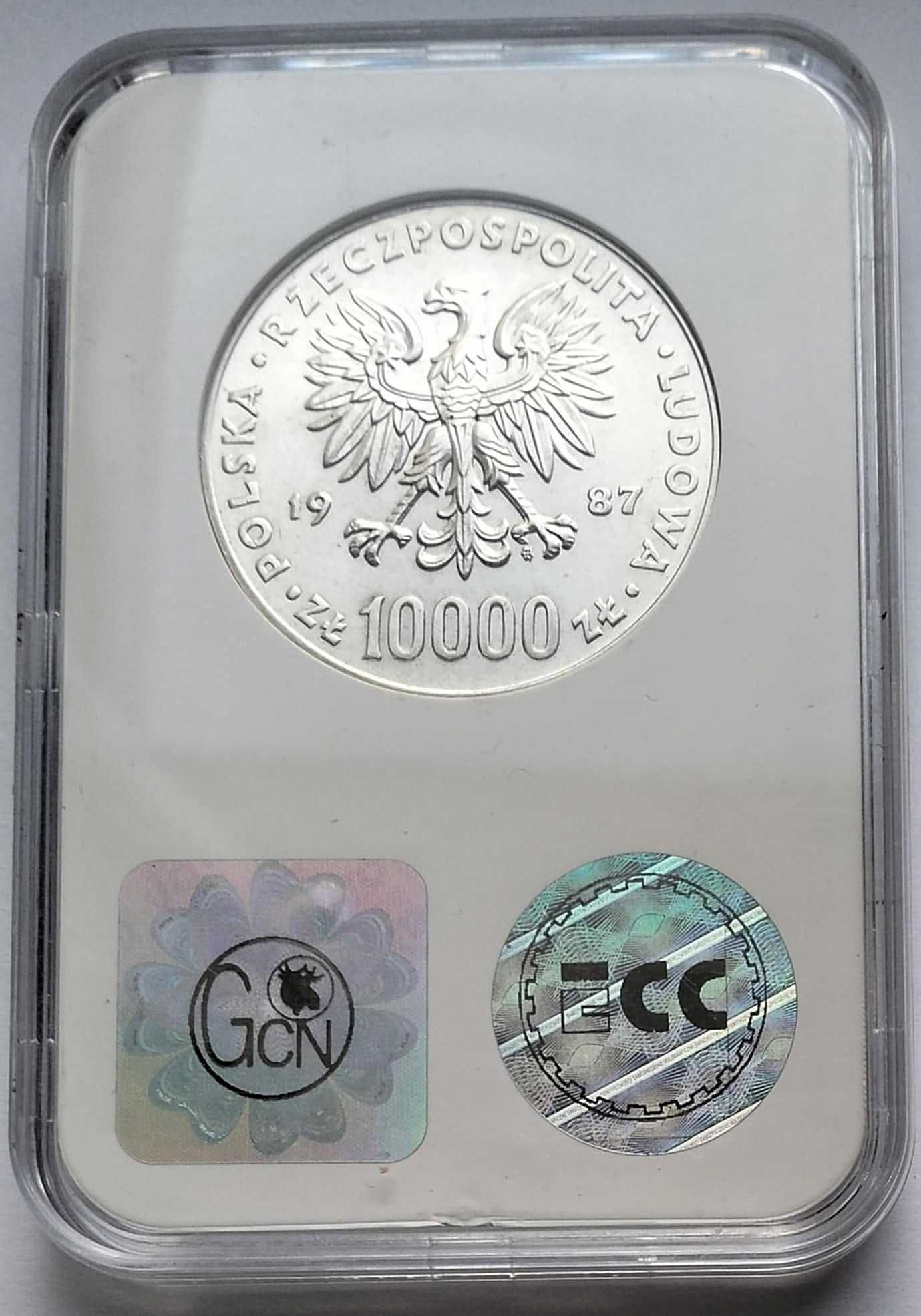 Srebrna moneta 10000zł Jan Paweł II Z 1987r. Grading, stan MS 64