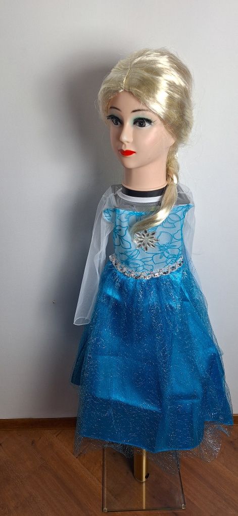 Komplet Suknia z trenem + peruka blond włosy warkocz Elsa Frozen Krain