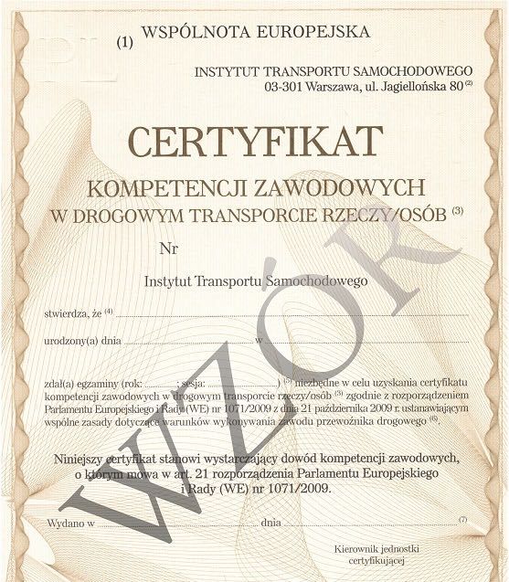Certyfikat kompetencji zawodowych, licencja, transport