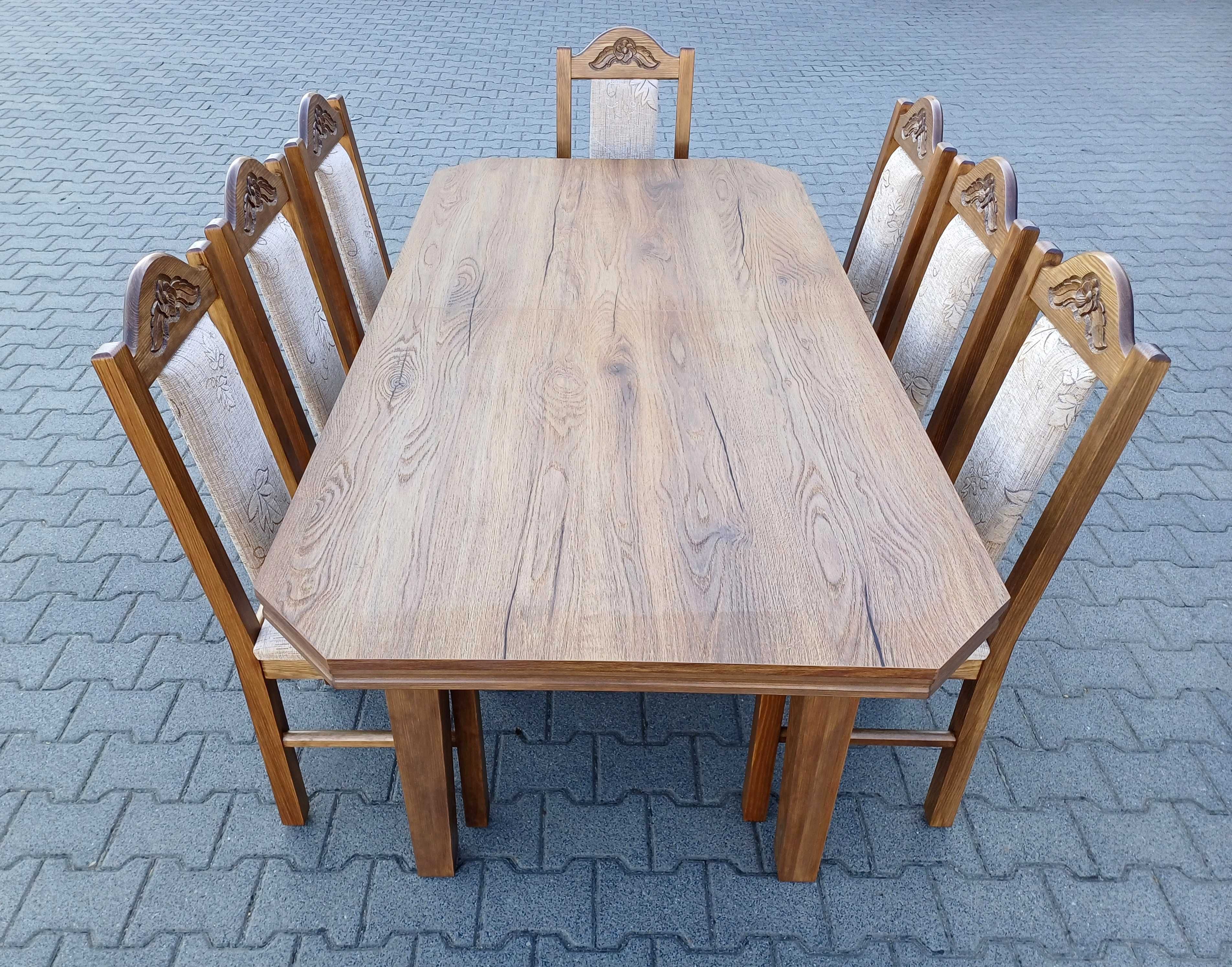 Nowosc Stol 185/244x95+8 krzesel rzezbionych blat dab Hudson Amaretto