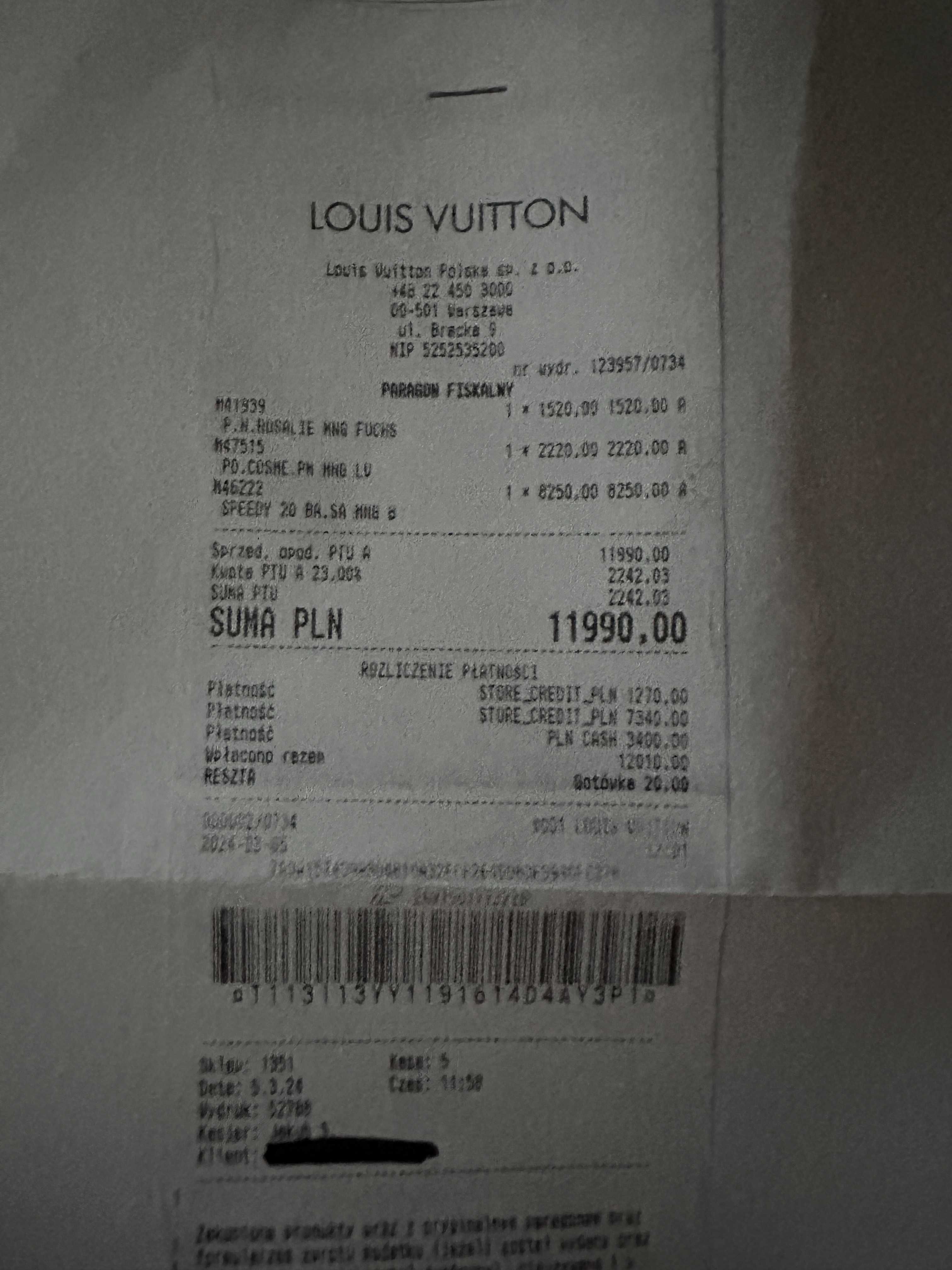 Louis Vuitton Speedy 20 monogram skóra rachunek