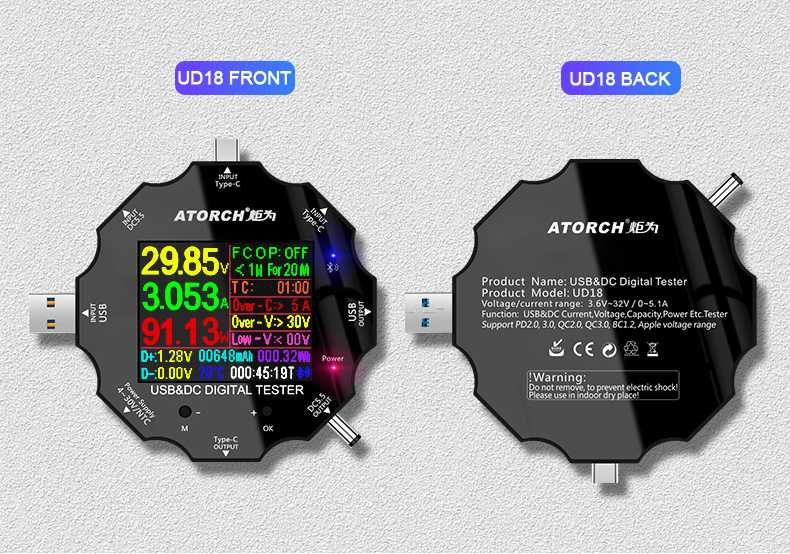 Usb тестер Atorch UD18 DC 5.5 type-c Bluetooth Tester