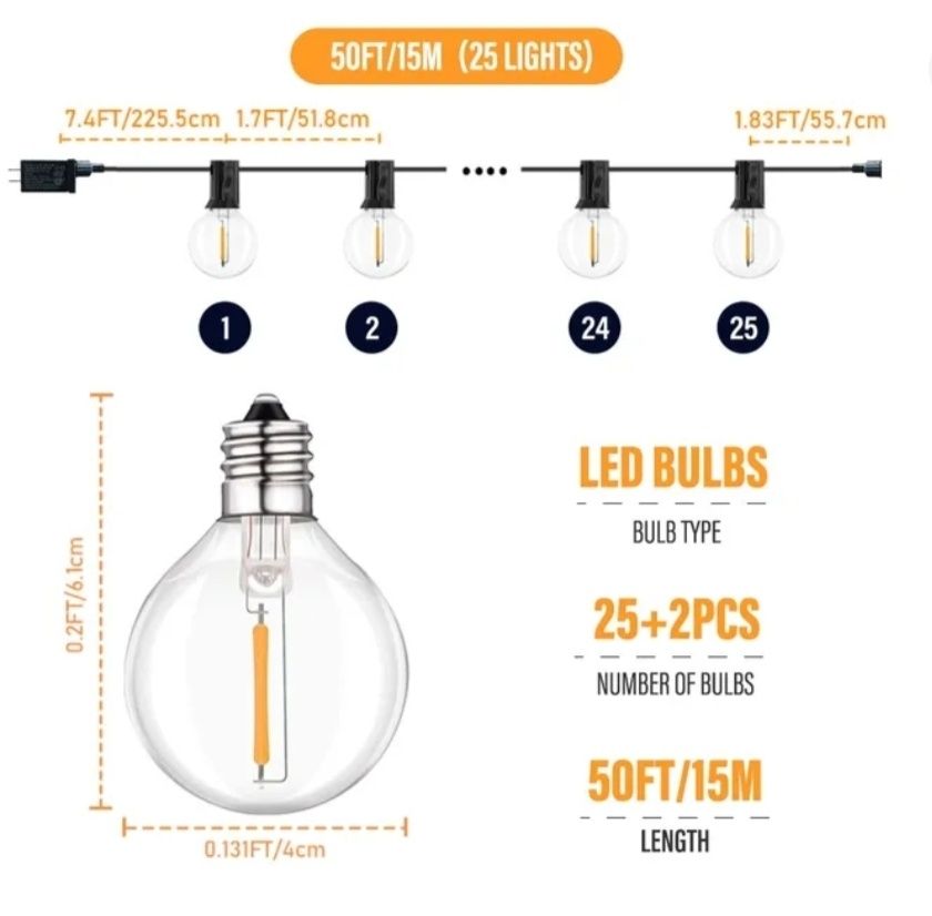Гірлянда ретро 15 м, 25 лампочок + 2 змінні, 25 Вт, G40
