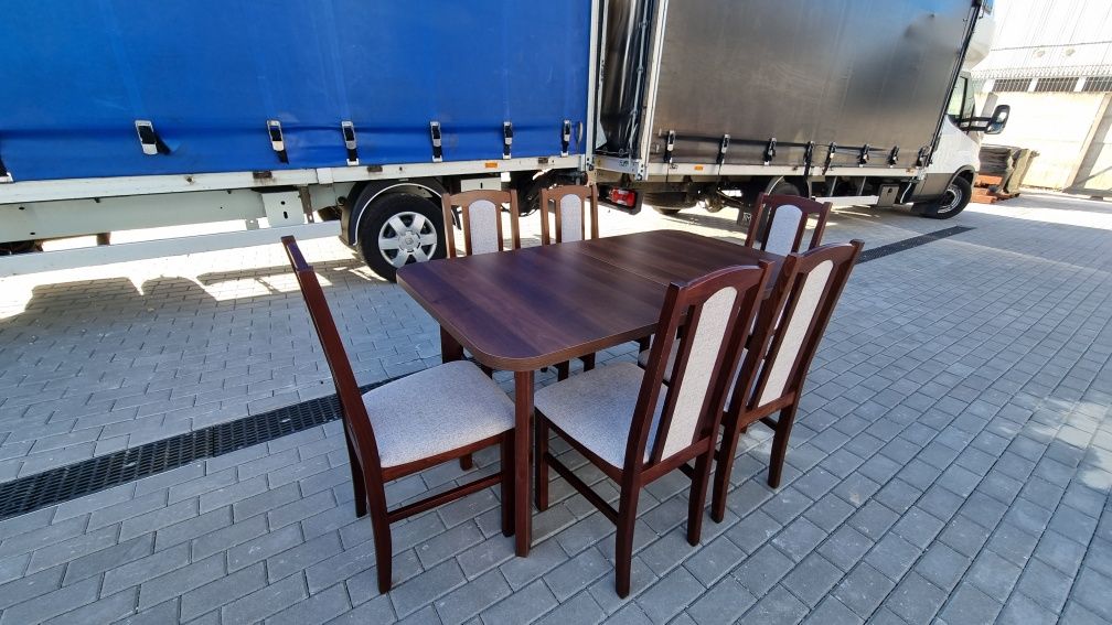 Nowe: Stół 80x140/180 + 6 krzeseł, orzech + kawa z mlekiem, dostawa PL