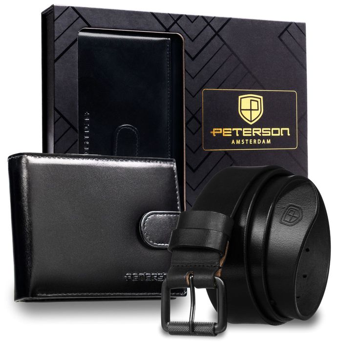 zestaw prezentowy: skórzany, poziomy portfel męski w czarnym kolorze