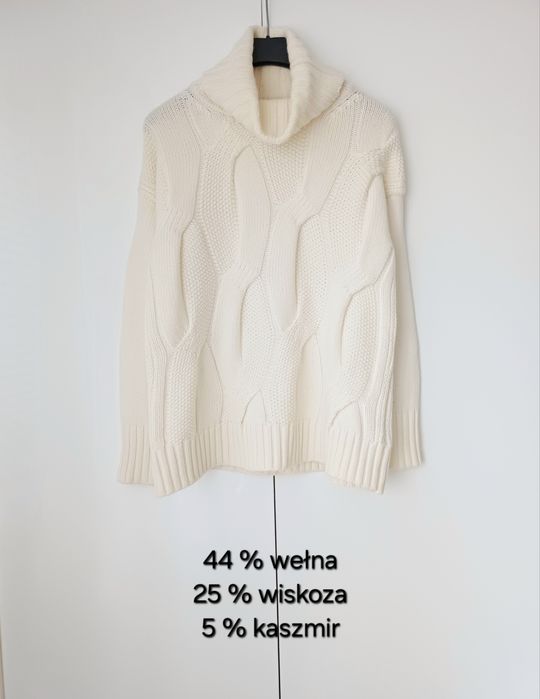 Massimo Dutti wełniany golf warkoczowy splot wełna kaszmir kremowy